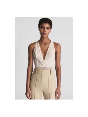 New! REISS Stretch Sexy Lace Plunge Open Back Bodysuit in Cream Ivory